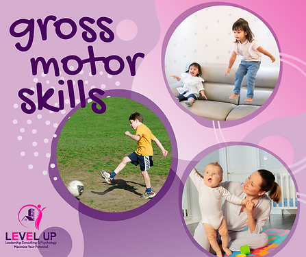 Examples of gross motors skills in circles . Kids kicking a ball, jumping on a couch and reaching up