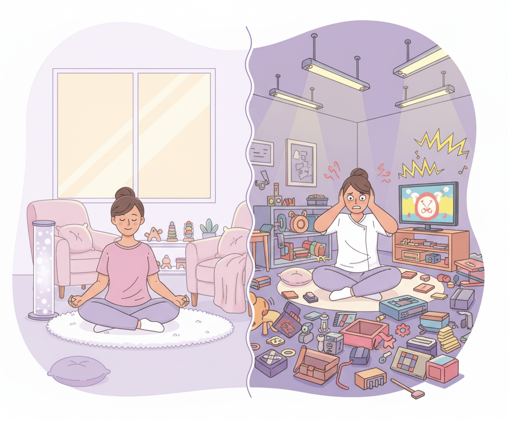 sensoryOverload - Level Up Wellness Group calm adult in a sensory-friendly space on one side and a visibly overstimulated version (bright lights, sound, clutter) on the other.