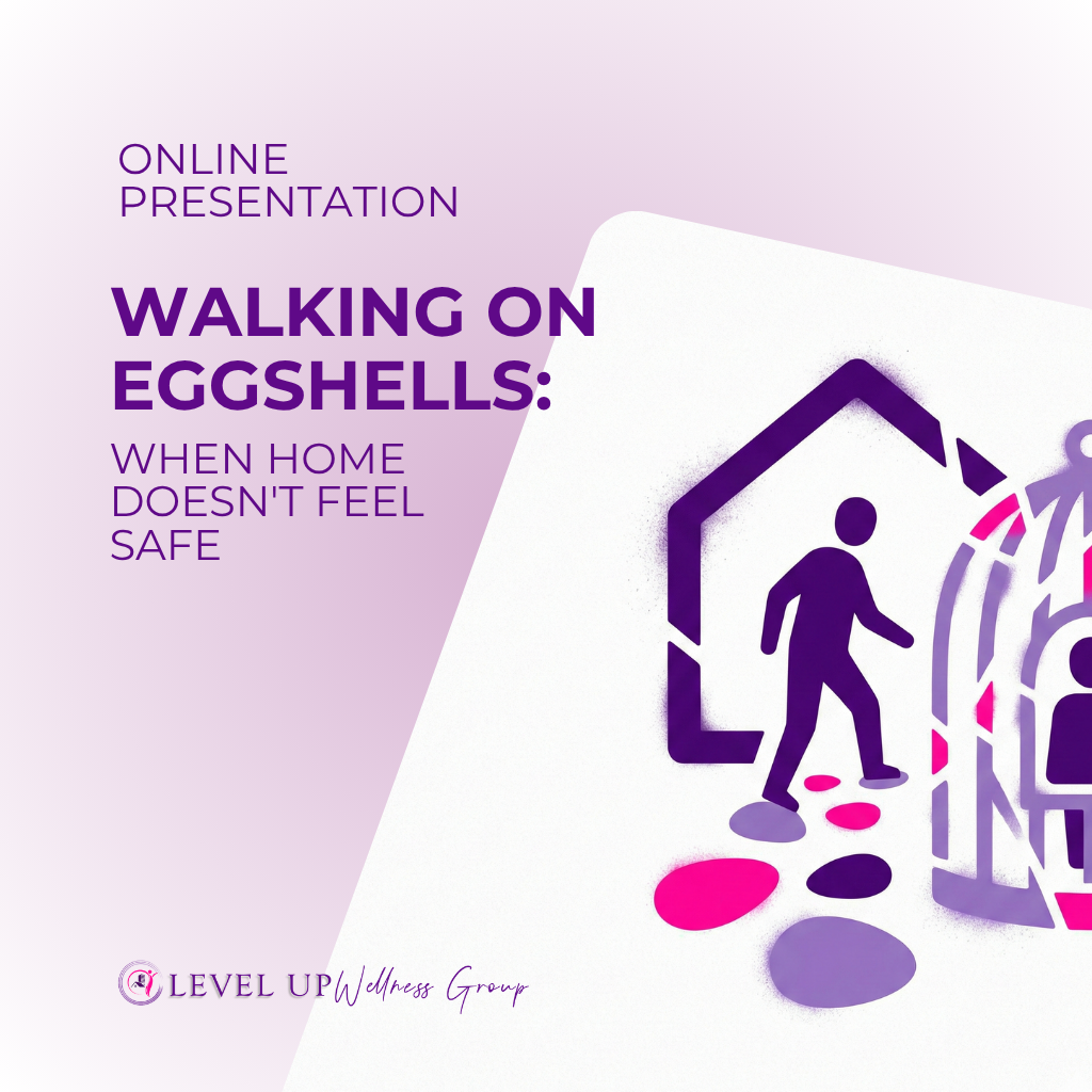 Online presentation slide titled 'Walking on Eggshells: When Home Doesn't Feel Safe' with Level Up Wellness Group logo.