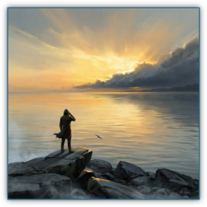 Person standing on rocky shore at sunset, gazing toward the calm ocean with a bird flying nearby.