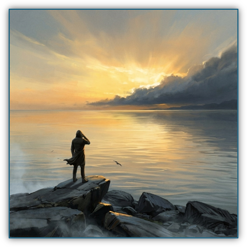 image001 - Level Up Wellness Group - Level Up Wellness Group Person standing on rocky shore at sunset, gazing toward the calm ocean with a bird flying nearby.